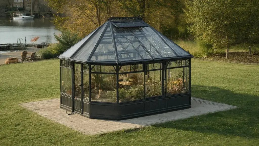 Modernt glasväxthus i trädgård med ritningar